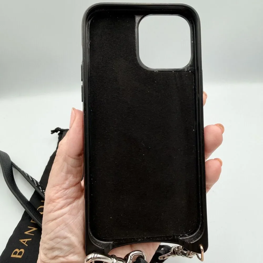 BANDOLIER Black Leather Crossbody iPhone 13/14 Pro Max Case; Rhinestone Strap - Picture 3 of 13